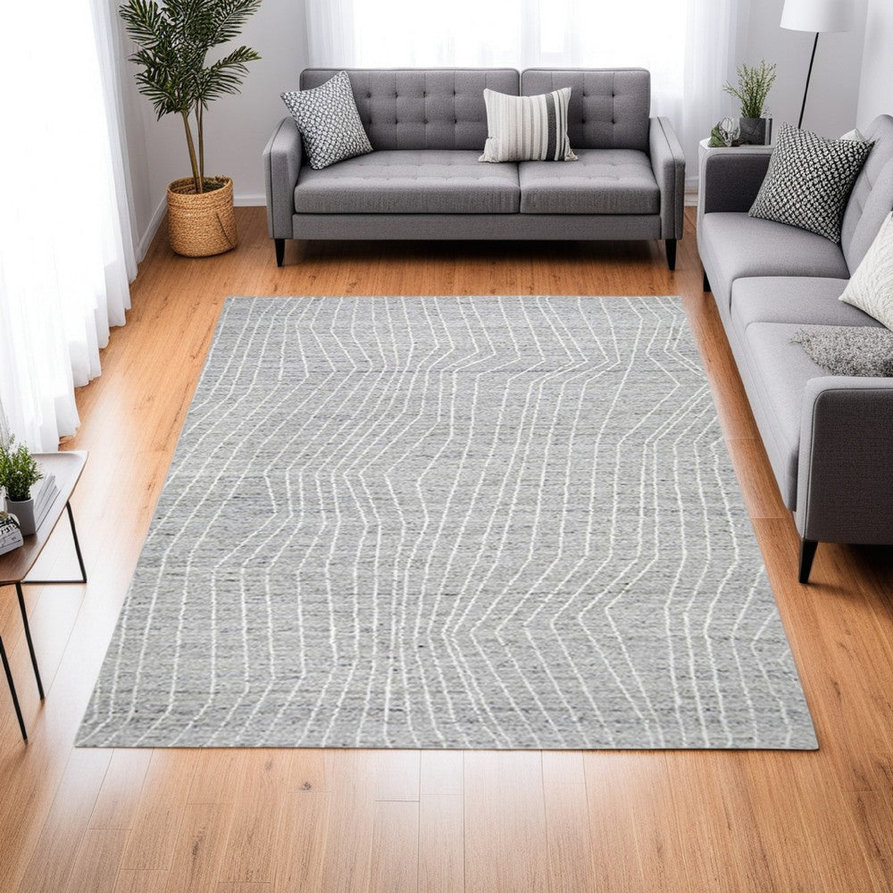 Veer 8 x 10 Area Rug, Linear Abstract Pattern, Polyester, Wool, Gray, Ivory - BM318364