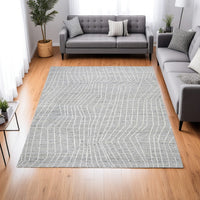 Veer 8 x 10 Area Rug, Linear Abstract Pattern, Polyester, Wool, Gray, Ivory - BM318364