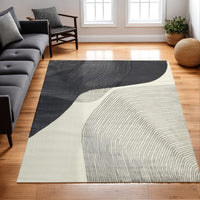 Rosy 8 x 10 Area Rug, Swirling Design Soft Pile Polyester, Black Gray Beige - BM318366