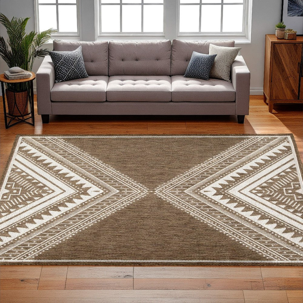 John 8 x 10 Area Rug, Indoor Outdoor, Tribal Prints, Brown, White Polyester - BM318368