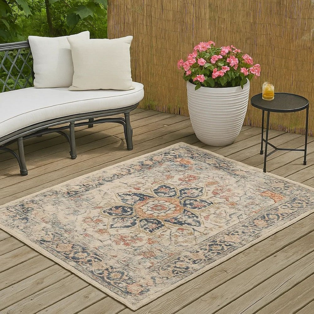 Jerry 5 x 7 Area Rug, Indoor Outdoor, Medallion, Polyester, Ivory Orange - BM318374