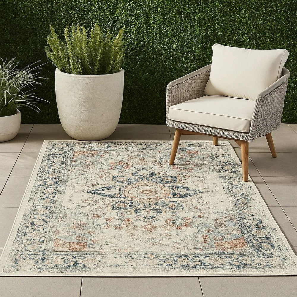 Jerry 5 x 7 Area Rug, Indoor Outdoor, Medallion, Polyester, Ivory Orange - BM318374