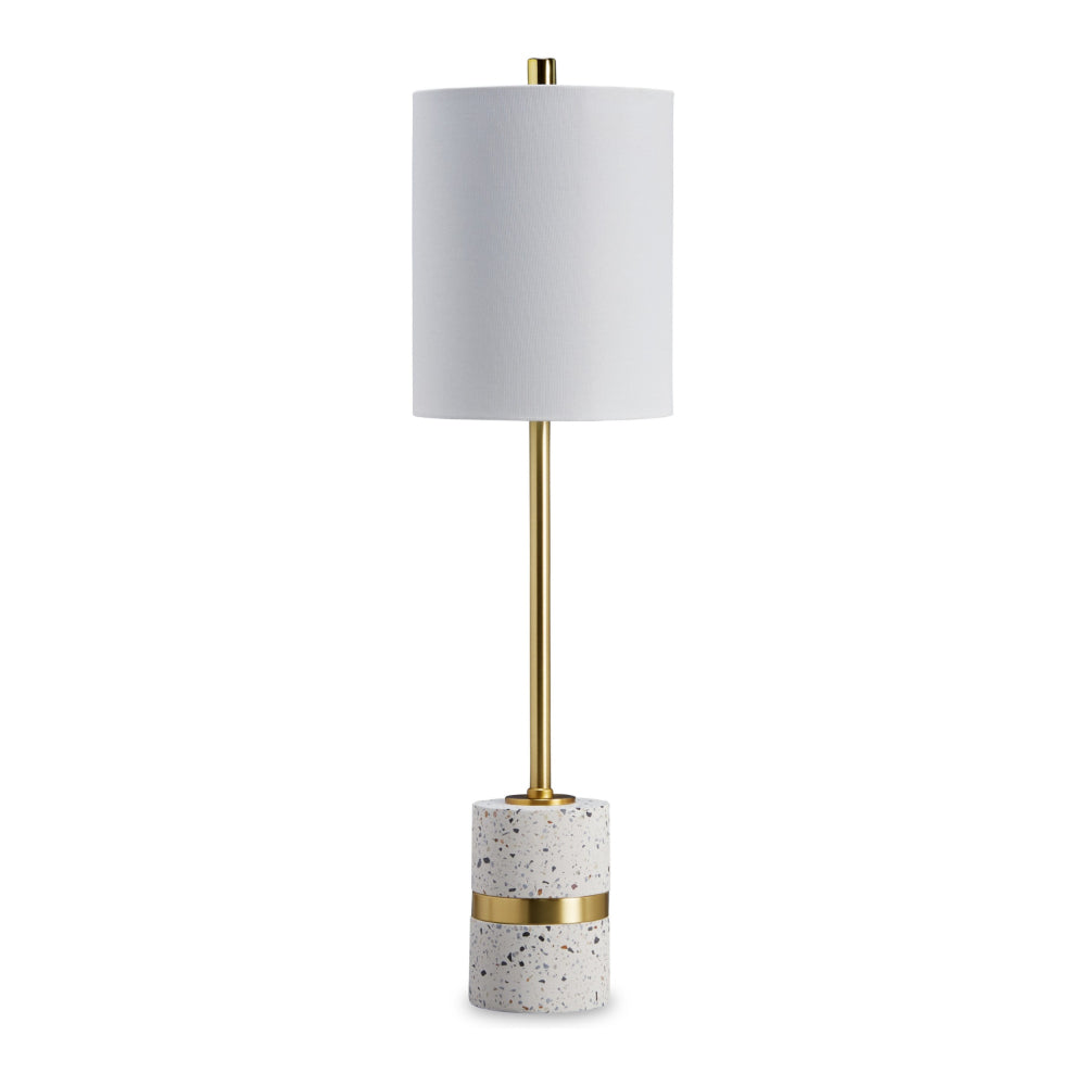 Joen 31 Inch Modern Table Lamp, Round White Terrazzo Base, Gold Brass Metal - BM318383