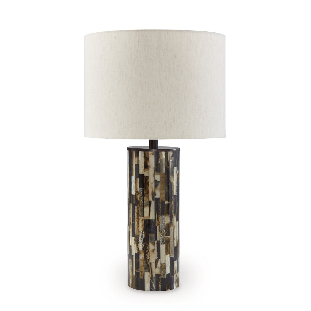 Foer 27 Inch Table Lamp, Cream Drum Fabric Shade, Black Brown Resin Base - BM318384