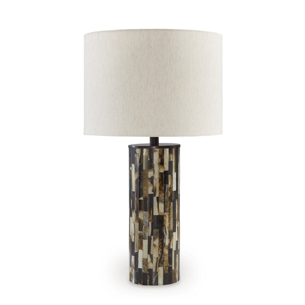 Foer 27 Inch Table Lamp, Cream Drum Fabric Shade, Black Brown Resin Base - BM318384