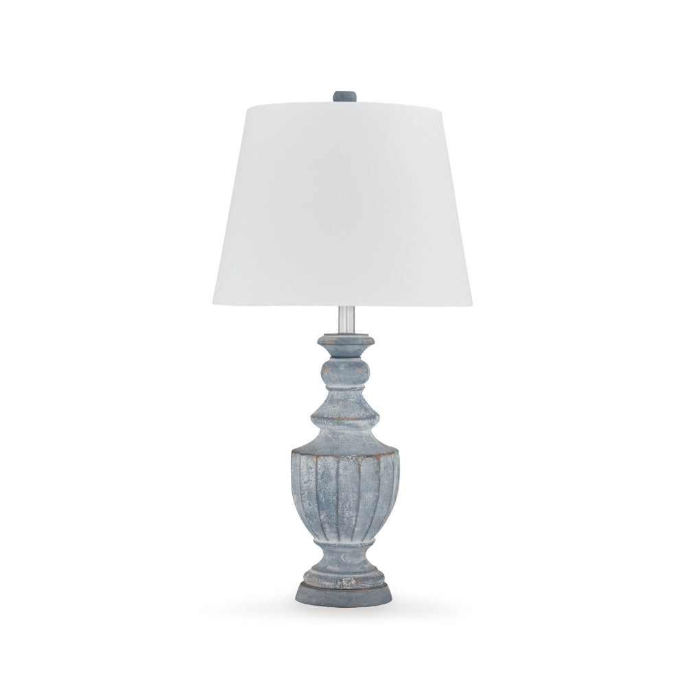 Rick 32 Inch Table Lamp, White Empire Fabric Shade, Turned Blue Terracotta - BM318386