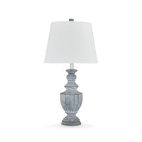 Rick 32 Inch Table Lamp, White Empire Fabric Shade, Turned Blue Terracotta - BM318386