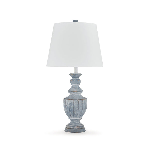 Rick 32 Inch Table Lamp, White Empire Fabric Shade, Turned Blue Terracotta - BM318386