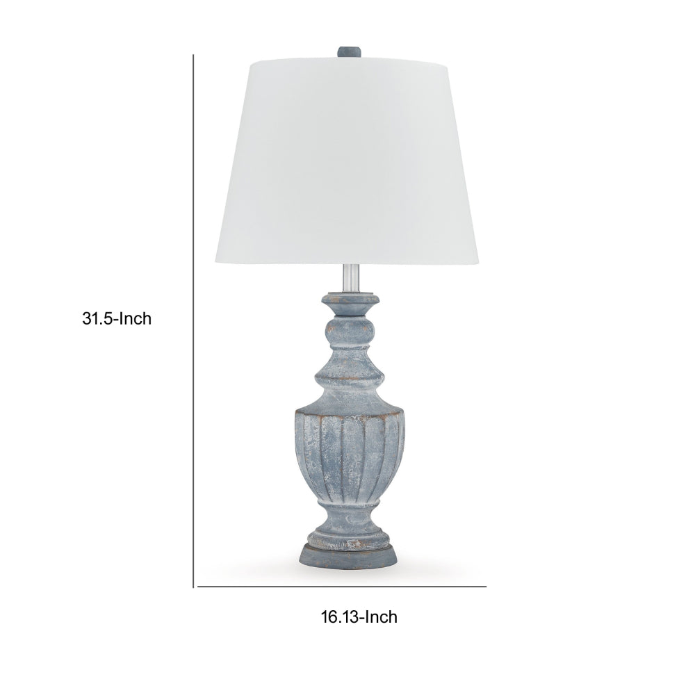 Rick 32 Inch Table Lamp, White Empire Fabric Shade, Turned Blue Terracotta - BM318386