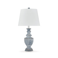 Rick 32 Inch Table Lamp, White Empire Fabric Shade, Turned Blue Terracotta - BM318386