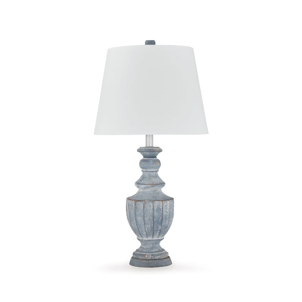 Rick 32 Inch Table Lamp, White Empire Fabric Shade, Turned Blue Terracotta - BM318386