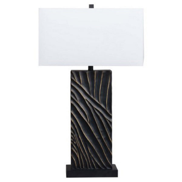 Len Table Lamp, White Rectangular Shade, Unique Lined Design Black Pedestal - BM318389