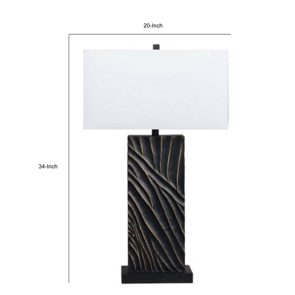 Len Table Lamp, White Rectangular Shade, Unique Lined Design Black Pedestal - BM318389