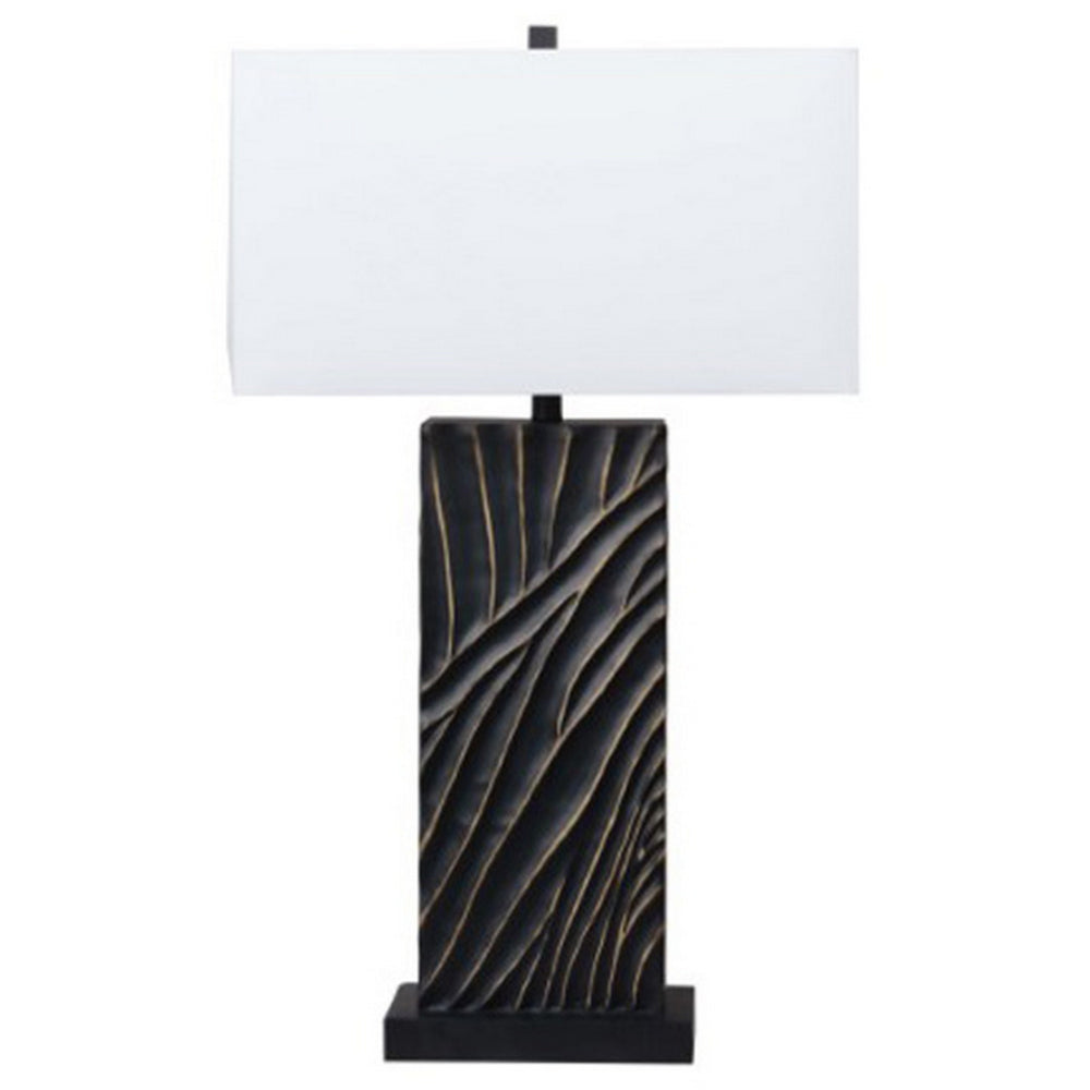 Len Table Lamp, White Rectangular Shade, Unique Lined Design Black Pedestal - BM318389