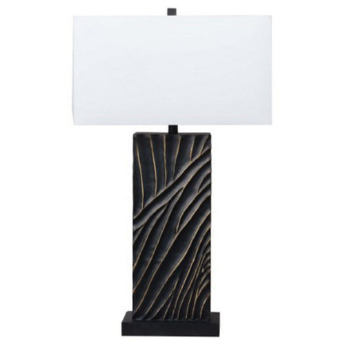 Len Table Lamp, White Rectangular Shade, Unique Lined Design Black Pedestal - BM318389