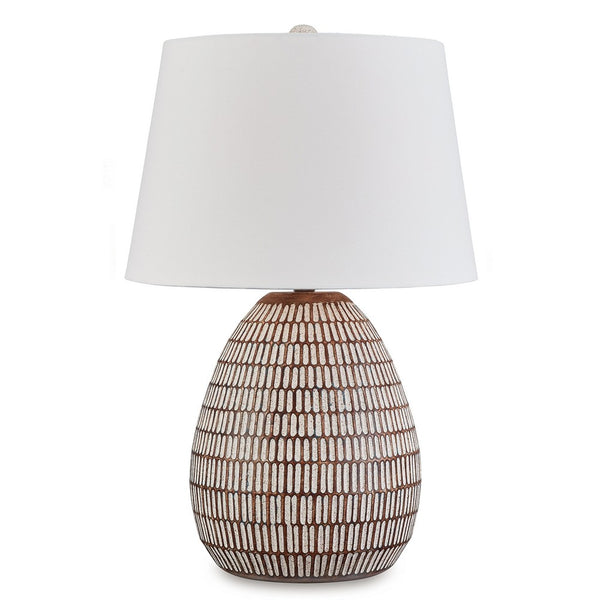 Gyen 29 Inch Table Lamp, Antique White Pattern Pot Base, Beige Empire Shade - BM318392