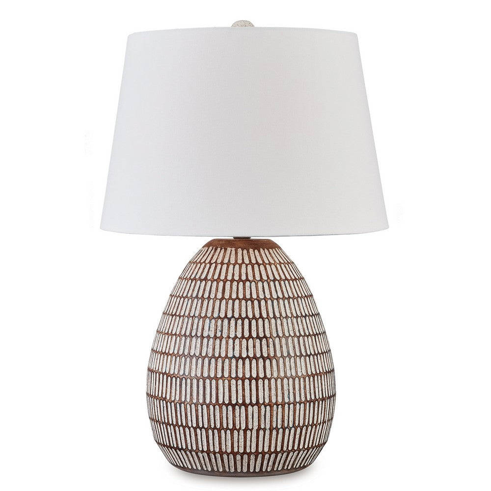 Gyen 29 Inch Table Lamp, Antique White Pattern Pot Base, Beige Empire Shade - BM318392