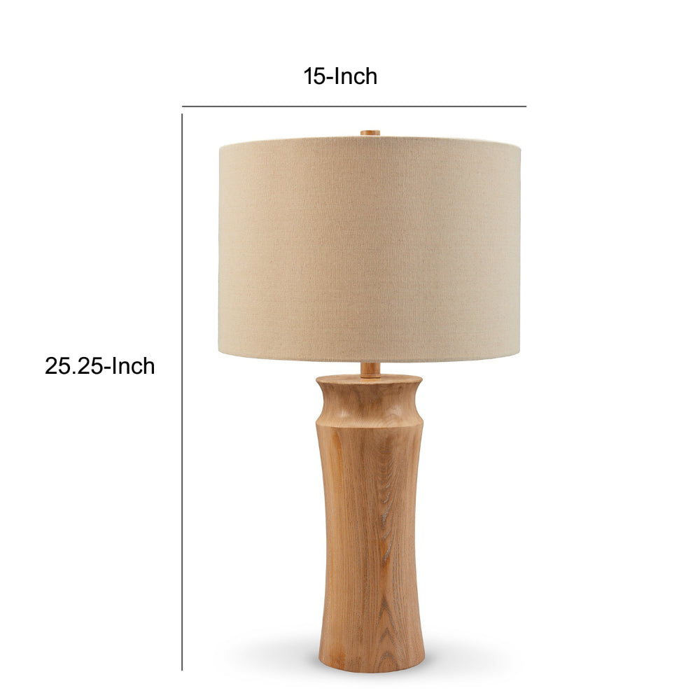 Gyn 25 Inch Table Lamp Set of 2, Fabric Shade, Farmhouse Brown Faux Wood - BM318396