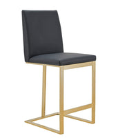 Cid Anki Counter Stool Chair, Dark Gray Faux Leather, Brass Stainless Steel - BM318432