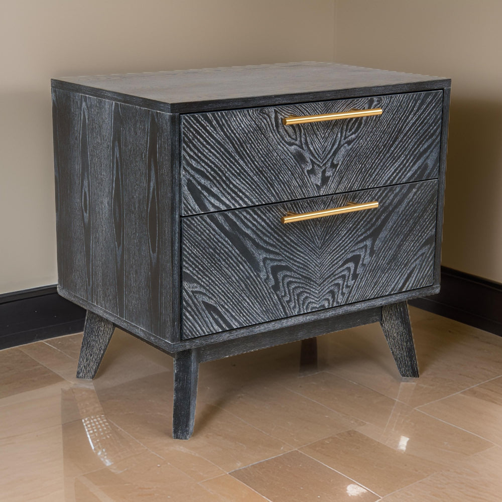 Cid Coy 23 Inch Nightstand, 2 Drawers with Gold Metal Handles, Ash Gray - BM318436