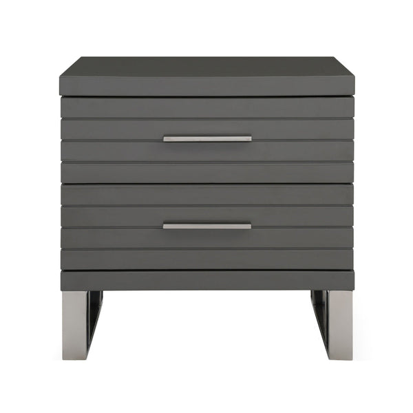 28 Inch Nightstand, 2 Drawers with Metal Handles, Slatted Design, Gray - BM318450