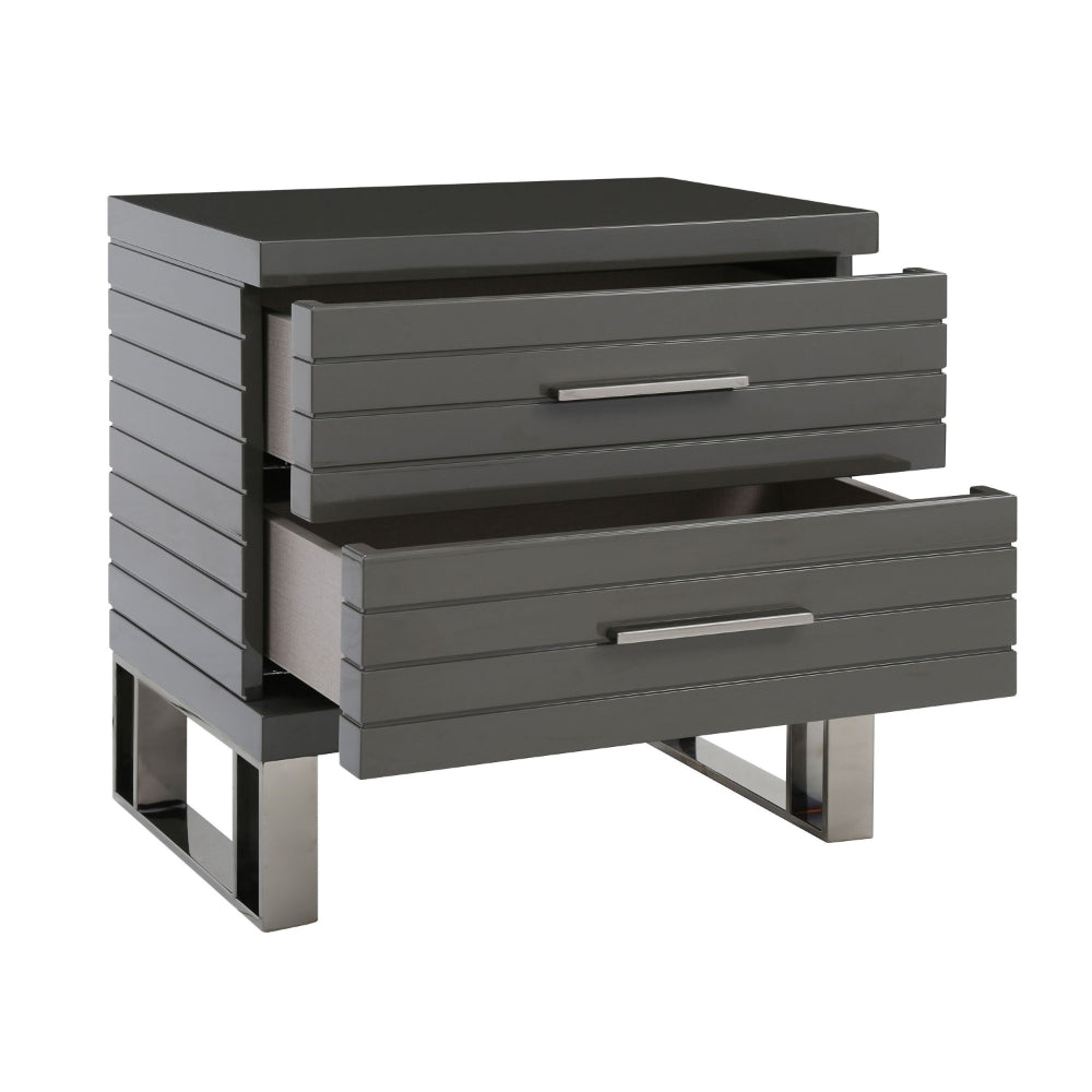 28 Inch Nightstand, 2 Drawers with Metal Handles, Slatted Design, Gray - BM318450