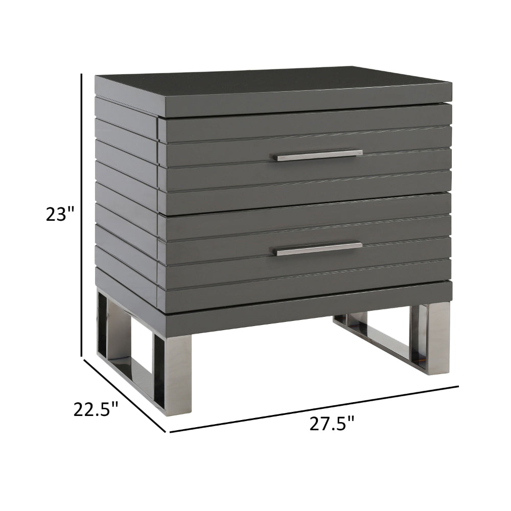 28 Inch Nightstand, 2 Drawers with Metal Handles, Slatted Design, Gray - BM318450