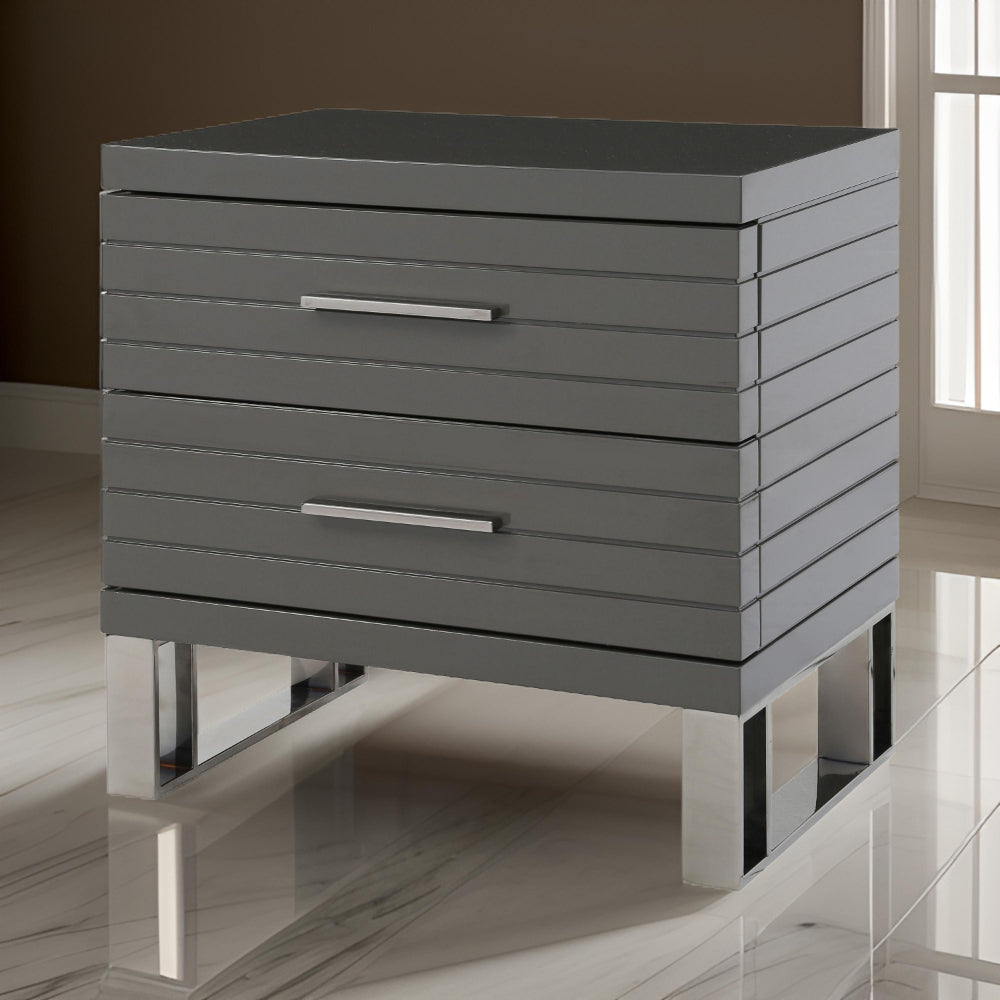 28 Inch Nightstand, 2 Drawers with Metal Handles, Slatted Design, Gray - BM318450