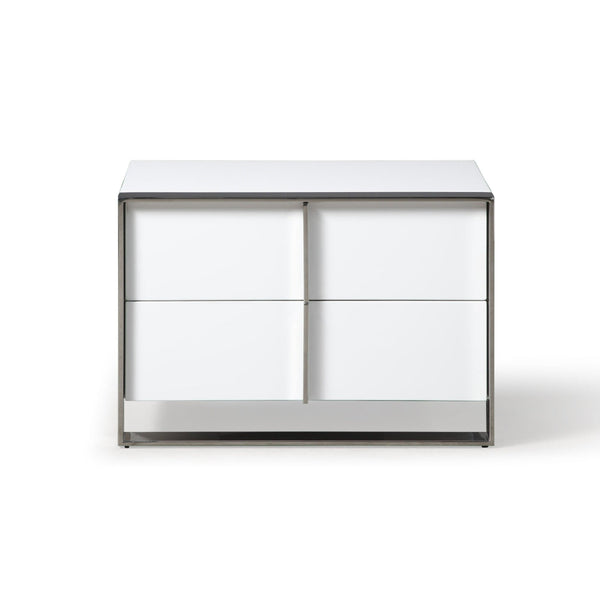 28 Inch Nightstand, High Gloss White, 2 Drawers, Sleek Chrome Handles - BM318470