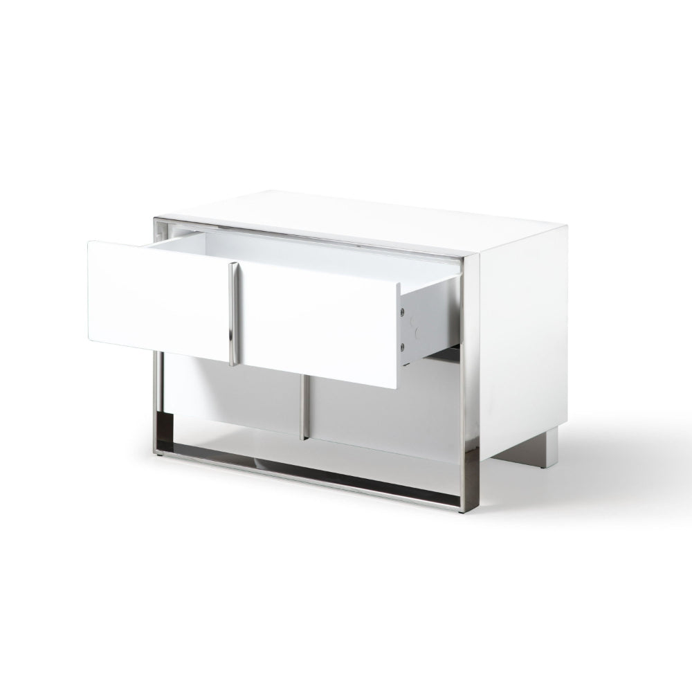 28 Inch Nightstand, High Gloss White, 2 Drawers, Sleek Chrome Handles - BM318470