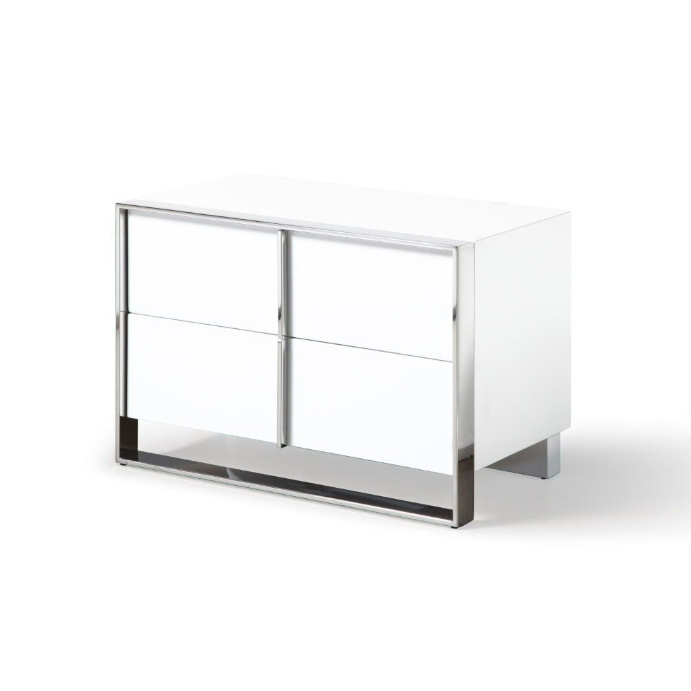 28 Inch Nightstand, High Gloss White, 2 Drawers, Sleek Chrome Handles - BM318470