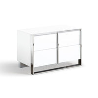 28 Inch Nightstand, High Gloss White, 2 Drawers, Sleek Chrome Handles - BM318470