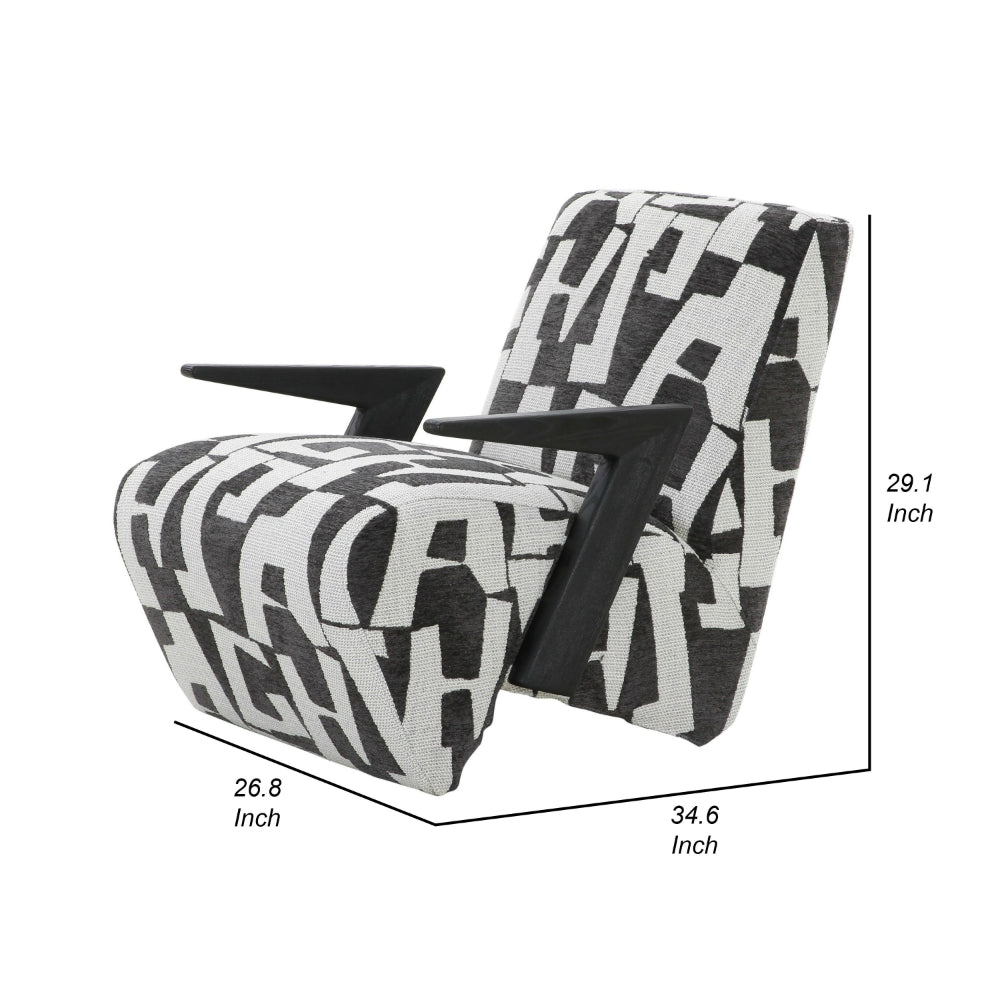 27 Inch Accent Chair, Polyester Black and White Geometric Pattern Print - BM318472