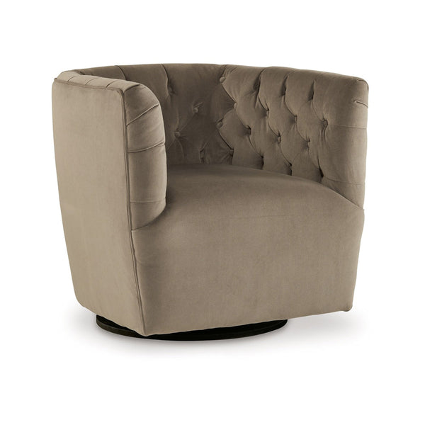 Heena Swivel Accent Chair, Brown Polyester, Tufted Barrel Back, Black Metal - BM318533