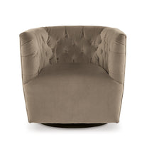 Heena Swivel Accent Chair, Brown Polyester, Tufted Barrel Back, Black Metal - BM318533