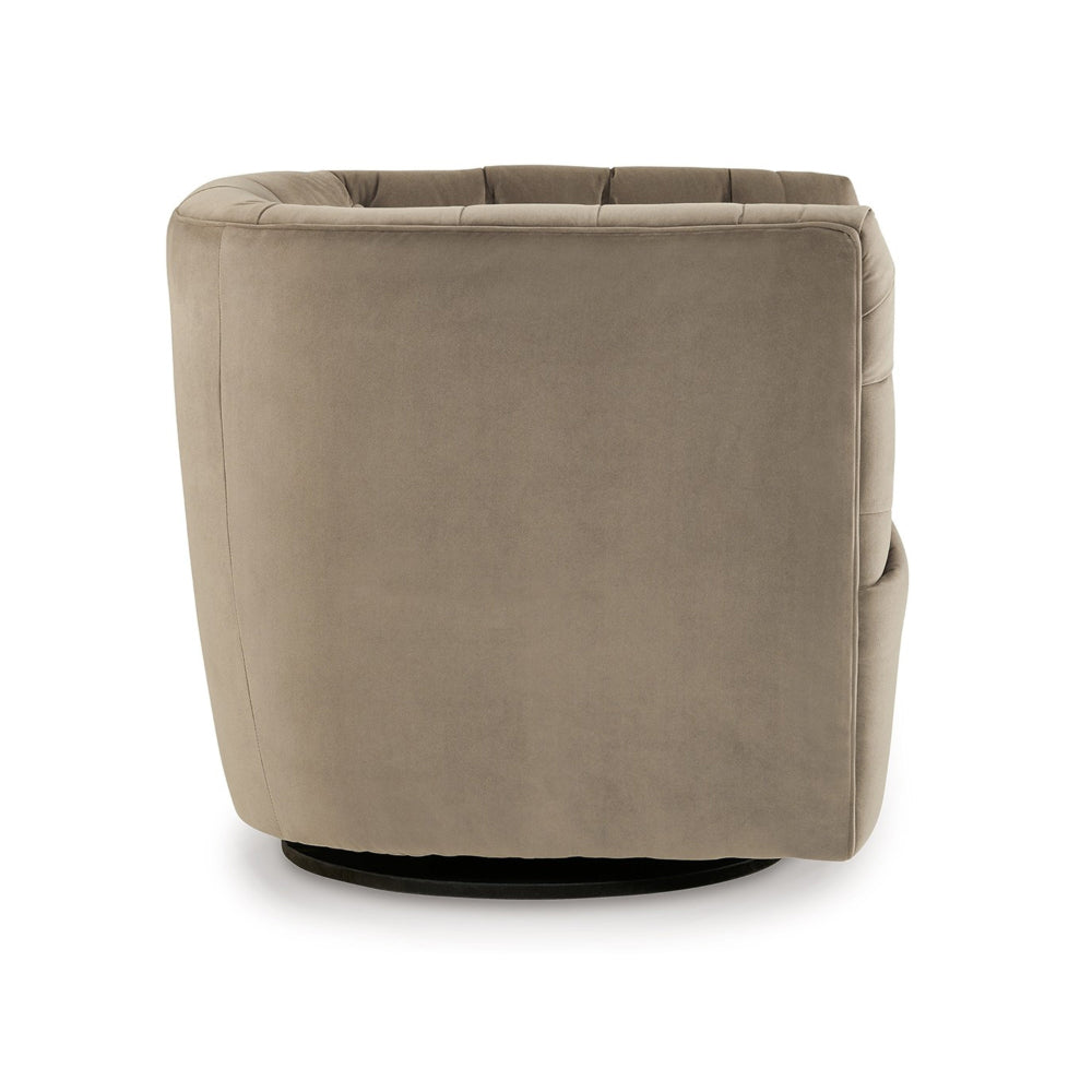 Heena Swivel Accent Chair, Brown Polyester, Tufted Barrel Back, Black Metal - BM318533