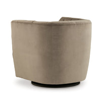 Heena Swivel Accent Chair, Brown Polyester, Tufted Barrel Back, Black Metal - BM318533