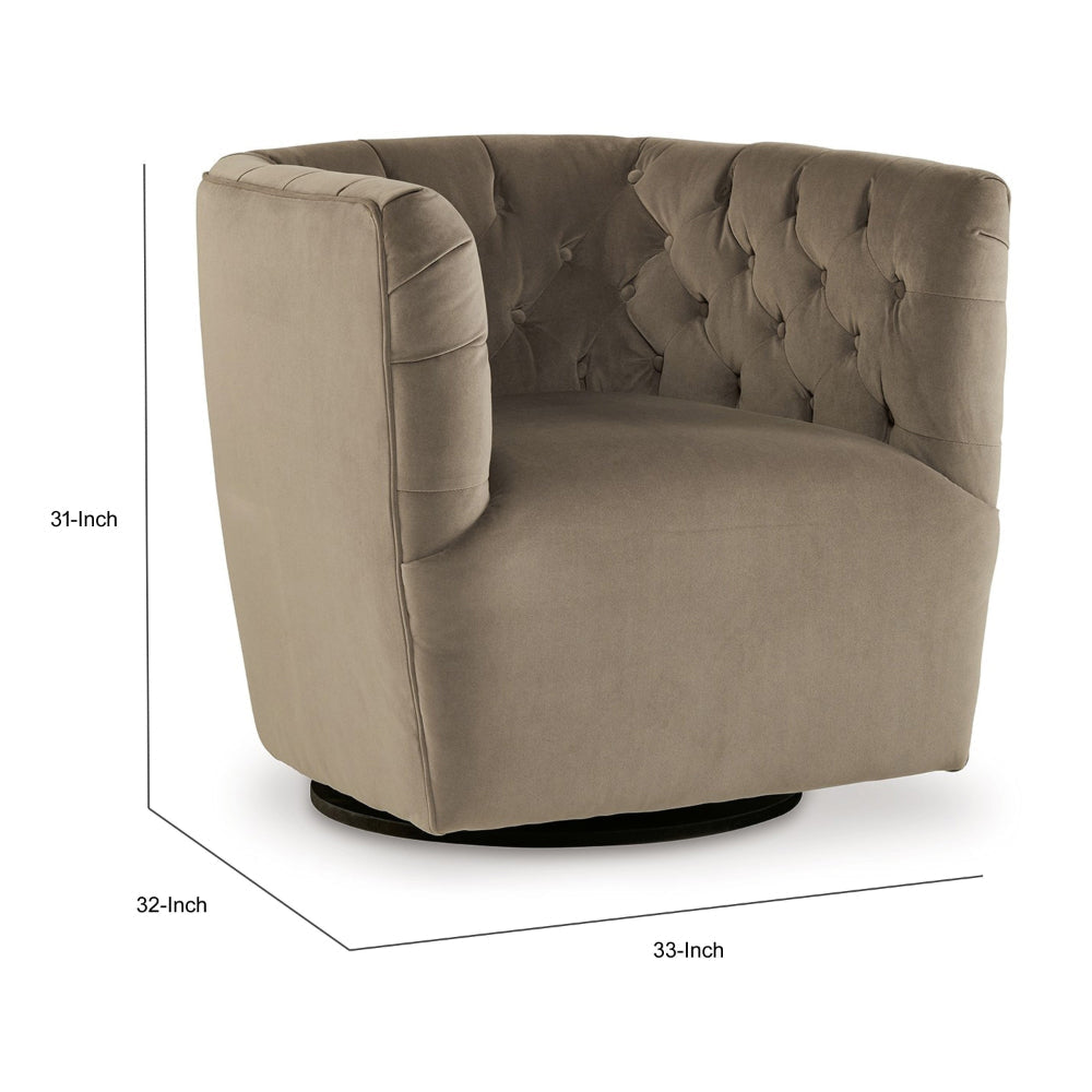 Heena Swivel Accent Chair, Brown Polyester, Tufted Barrel Back, Black Metal - BM318533