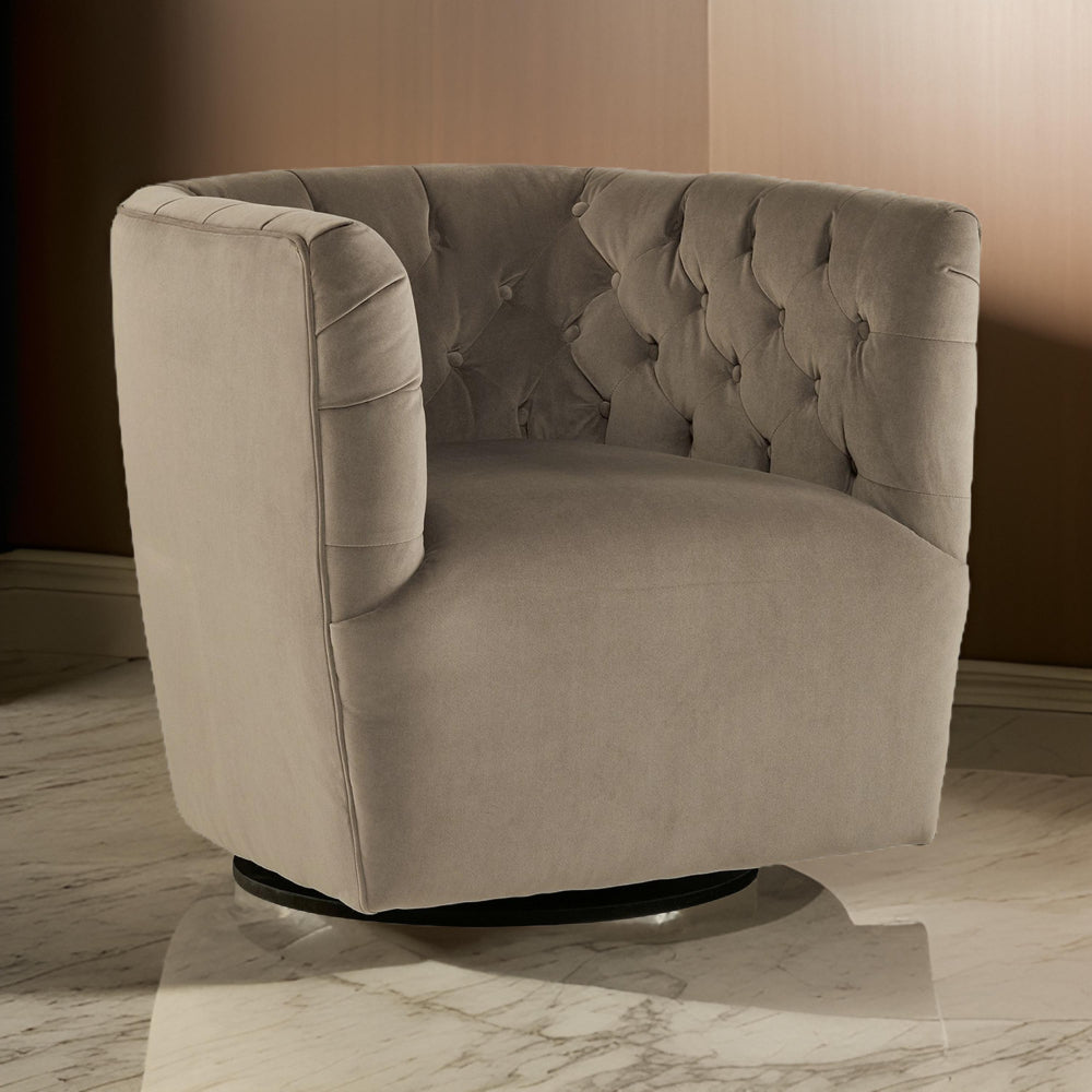 Heena Swivel Accent Chair, Brown Polyester, Tufted Barrel Back, Black Metal - BM318533