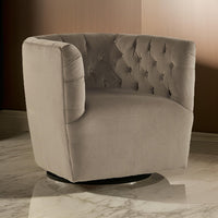 Heena Swivel Accent Chair, Brown Polyester, Tufted Barrel Back, Black Metal - BM318533