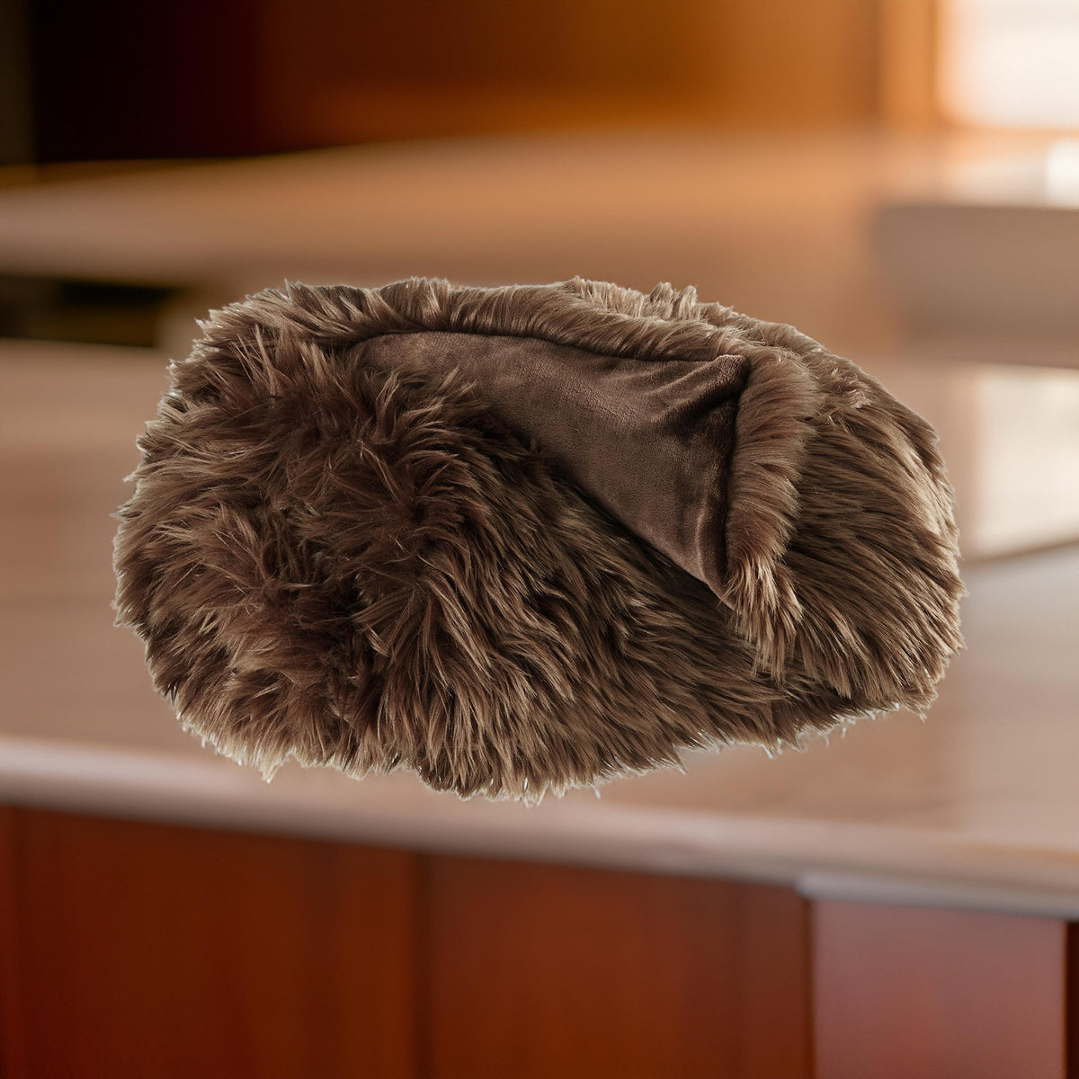 Throw Blanket Set of 3, Modern Soft Faux Fur Textured Brown Polyester  - BM318540