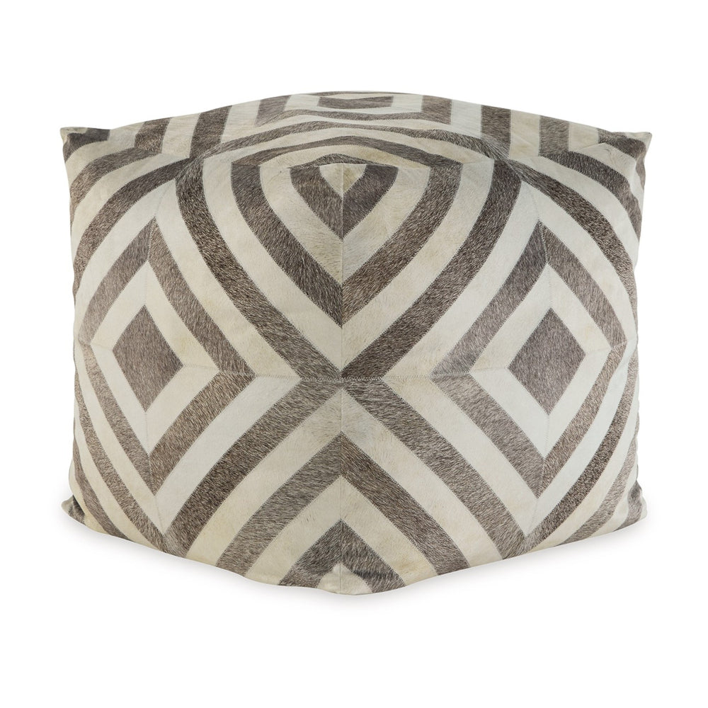 Ottoman Pouf, 18 Inch, Square, Brown and Ivory Polyester Geometric Design - BM318544