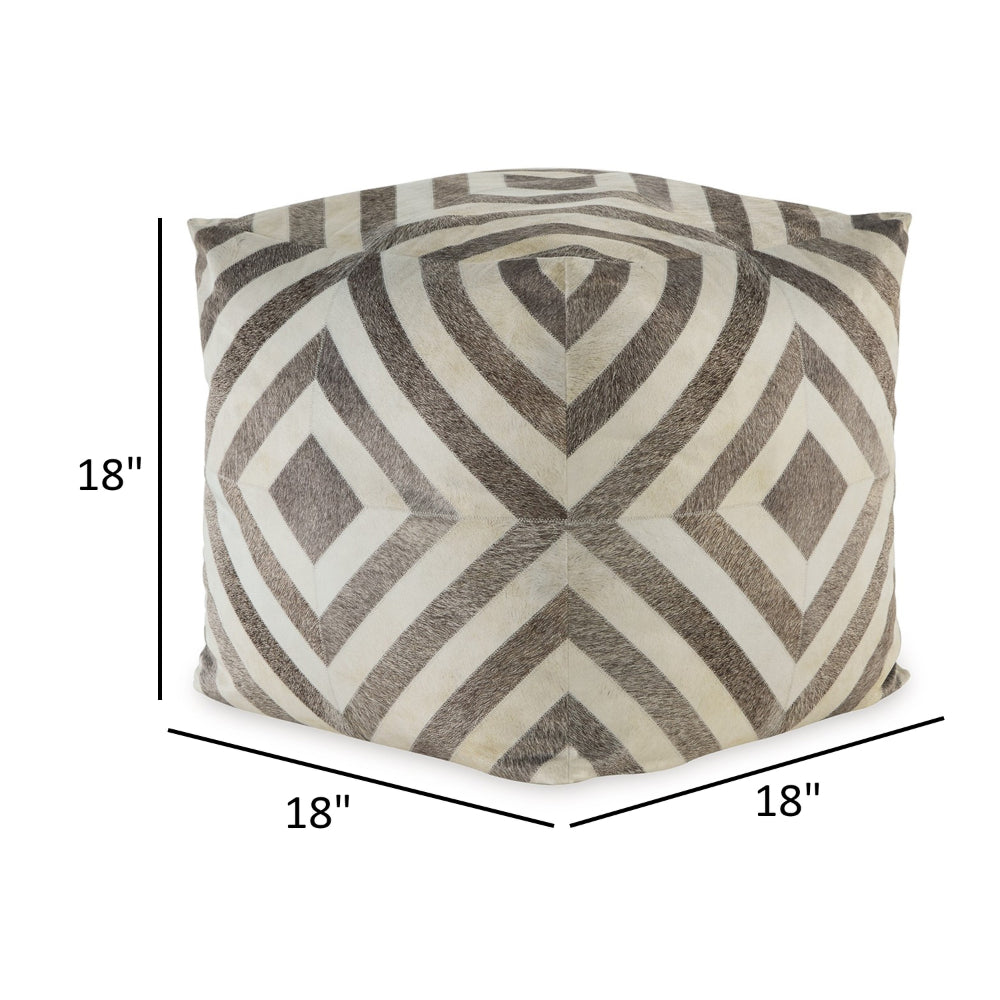 Ottoman Pouf, 18 Inch, Square, Brown and Ivory Polyester Geometric Design - BM318544