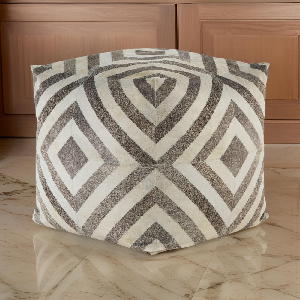 Ottoman Pouf, 18 Inch, Square, Brown and Ivory Polyester Geometric Design - BM318544