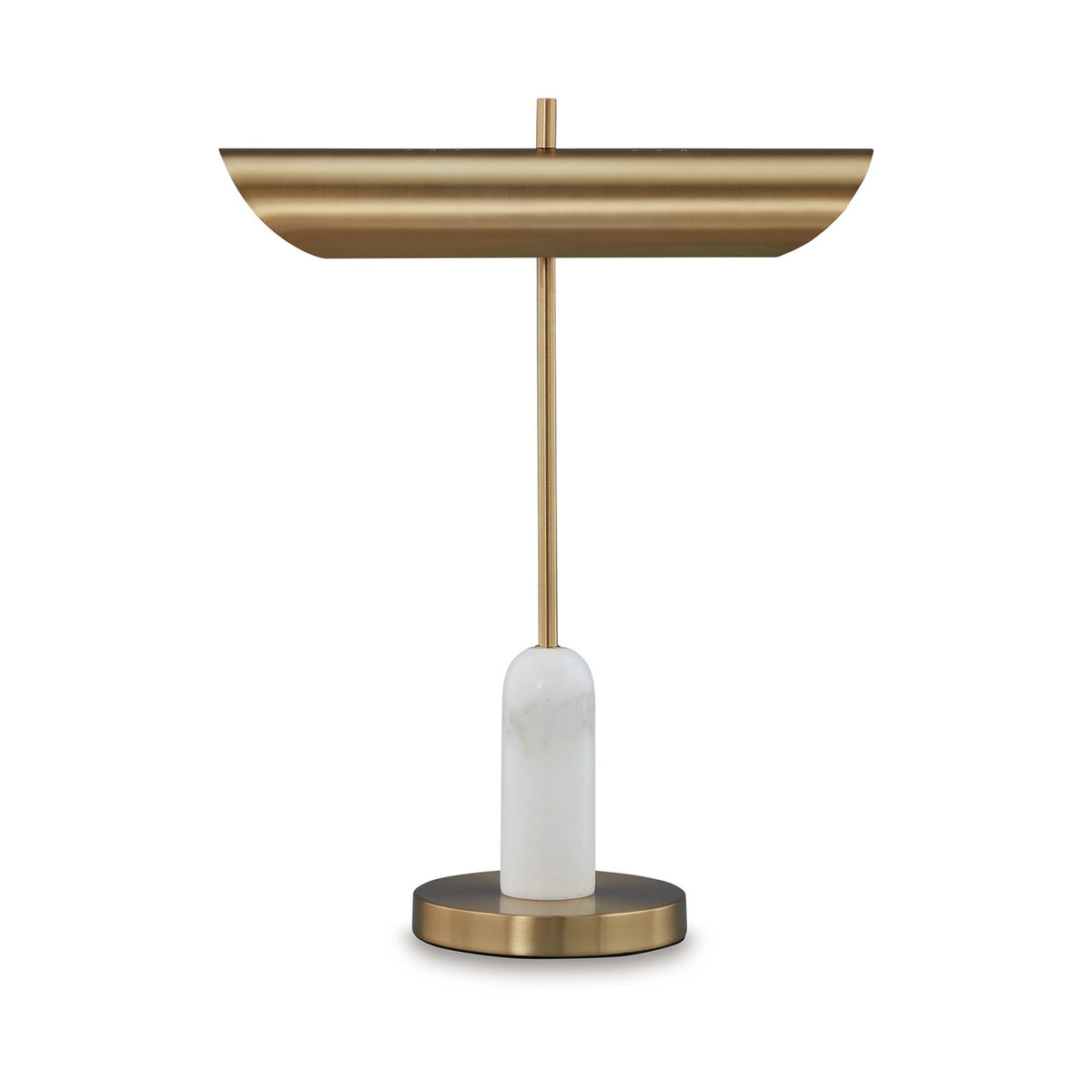 Leon 20 Inch Desk Lamp, Round Base, USB Port, Gold Metal, White Marble
