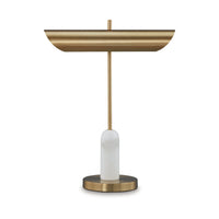 Leon 20 Inch Desk Lamp, Round Base, USB Port, Gold Metal, White Marble