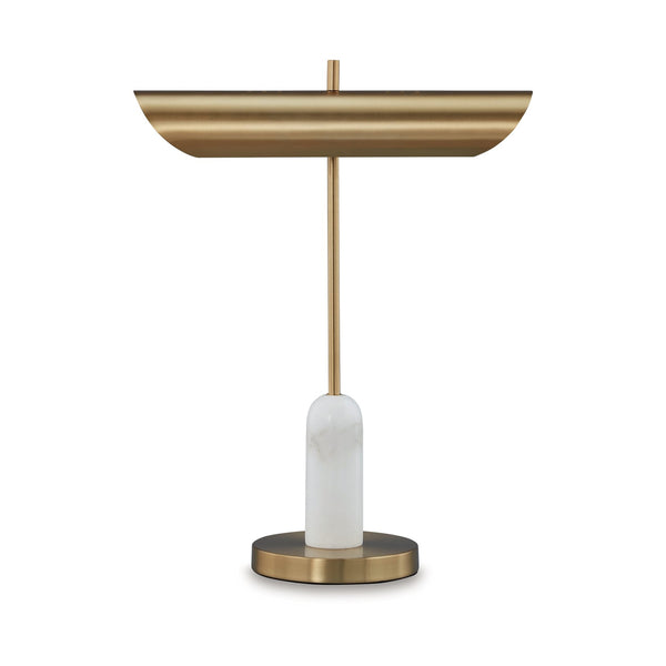 Leon 20 Inch Desk Lamp, Round Base, USB Port, Gold Metal, White Marble