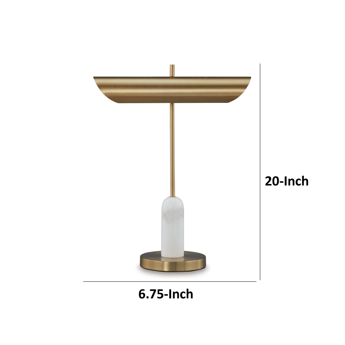Leon 20 Inch Desk Lamp, Round Base, USB Port, Gold Metal, White Marble