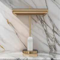 Leon 20 Inch Desk Lamp, Round Base, USB Port, Gold Metal, White Marble