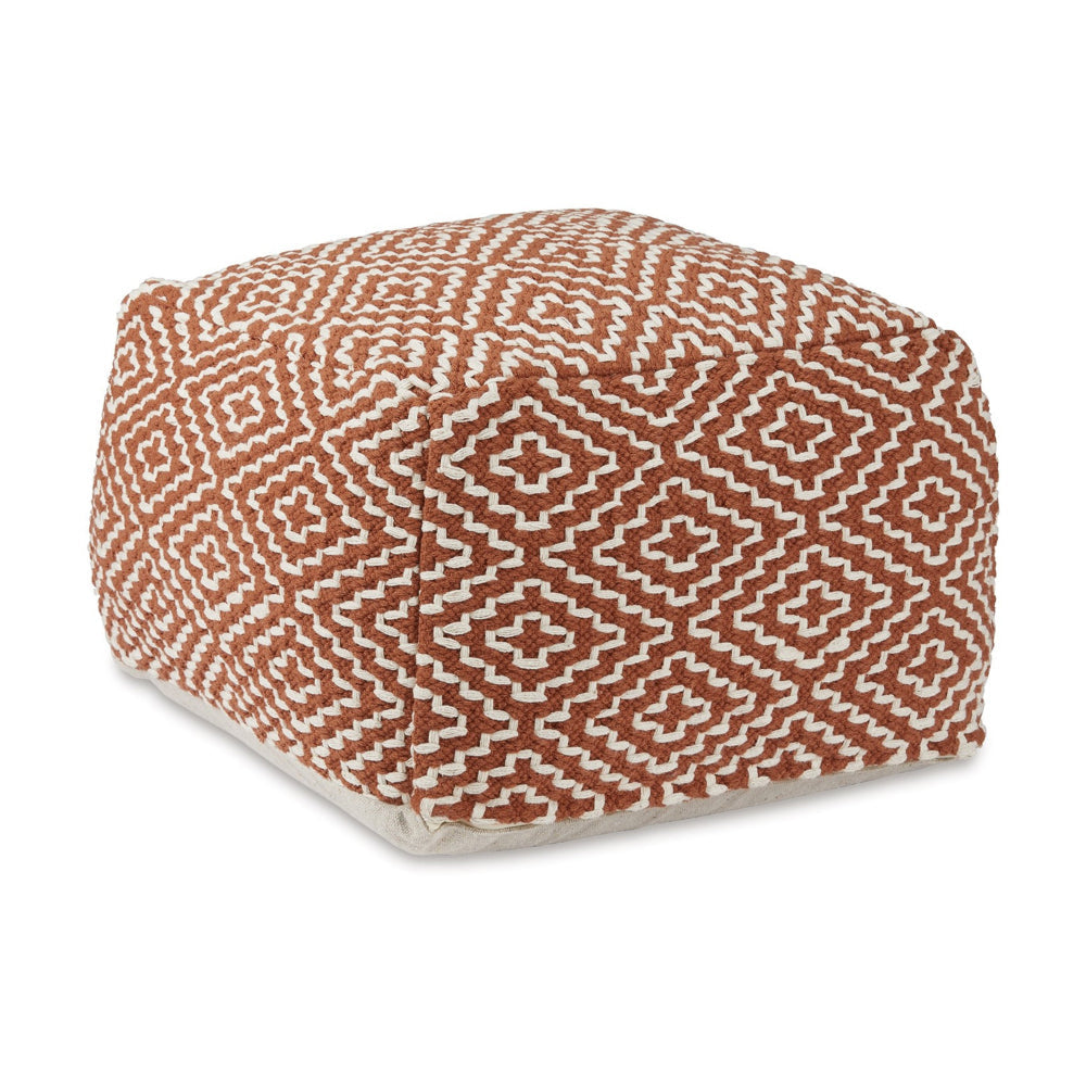 Sena 22 Inch Ottoman Pouf, Handwoven Pattern, Zipper Cotton Cover Red White - BM318611